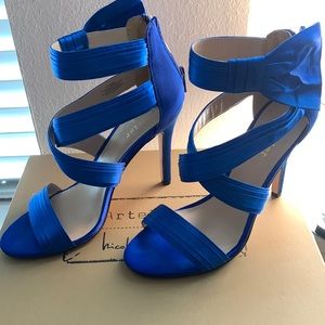 Blue satin sandals size 7 heels ankle strap
